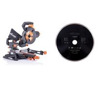 Sierra circular de inglete y tronzadora Evolution R210SMS+, 1500W | Sierra de 210 mm para múltiples materiales | Función de tracción de 230 mm, incluye disco de corte de carburo de tungsteno (TCT) y a