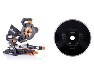 Sierra circular de inglete y tronzadora Evolution R210SMS+, 1500W | Sierra de 210 mm para múltiples materiales | Función de tracción de 230 mm, incluye disco de corte de carburo de tungsteno (TCT) y a