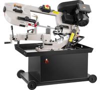 Sierra de cinta metálica de 1.1 kW, con capacidad de corte de 7 x 8.25 pulgadas. Permite corte horizontal y vertical. Sierra de cinta de 4 velocidades con velocidad variable, 220V. Base giratoria para