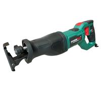 Sierra de vaivén eléctrica, con una altura de carrera de 20 mm, un rango de velocidad de 0-2800 RPM, compatible con hojas de 150 mm de longitud, y una capacidad de corte máxima en madera de 110 mm