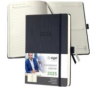 SIGEL C2510 Conceptum Agenda diaria 2025, aprox. A5, negro, tapa dura, una página = un día, 400 páginas