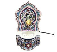 SIGNES GRIMALT Fuente de Agua Mosaico Árabe Multicolor con Bomba, 29 cm | Gres esmaltado en arco lobulado, roseta roja azul y verde, grifo cabeza de león dorado, murmullo relajante para el salón