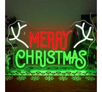 SIGNSHIP Navidad feliz neón logotipo letras rojas y verdes Navidad feliz y cornamenta neón, con interruptor novedoso fiesta navideña iluminación de año nuevo