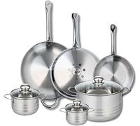 Silecomplaza ELO 9886250, juego de utensilios de cocina, 6 piezas, incluye: 3 sartenes de 24, 28 y 32 cm, y 3 ollas de 12, 14 y 24 cm. Marca Elo Profi, acabado brillante, acero inoxidable, apto para i