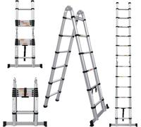 Silecomplaza, escalera telescópica de aluminio de 3,8 metros, 2 en 1: tipo A o recta. 6 + 6 escalones. Altura ajustable. Escalera plegable portátil tipo A. Cuando está plegada, mide 86,5 cm. Capacidad