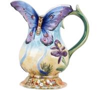 Silecomplaza: Jarra de cerámica grande, jarra de agua, florero, pintada a mano, diseño de mariposas y flores en color lila, decoración para el hogar, soporte para arreglos florales, 22,9 cm