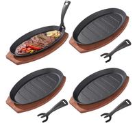 Silecomplaza: Juego de 4 sartenes de hierro fundido con bandeja de madera, sartén para fajitas con mango desmontable, plancha ovalada para parrilla, horno y cocina, y plato de servicio para restaurant
