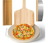 Silecomplaza, juego de 5 piezas para pizza, incluye piedra para pizza de 40,6 cm, piedra XL resistente para horno y parrilla con estructura de agarre, pala para pizza (de roble), cortador de pizza y p