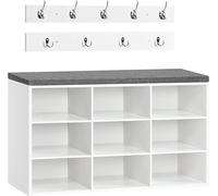 Silecomplaza, juego de estanterías para zapatos, zapatero con 9 compartimentos, estantería con banco acolchado, perchero de pared con 9 ganchos, armario para zapatos ideal para pasillos, recibidores o