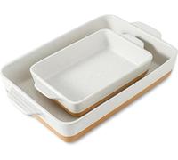 Silecomplaza: Juego de moldes para hornear de cerámica con asas, que incluye una sartén grande de 22,9 x 33 cm y un molde mediano, además de platos y moldes para servir de porcelana (color blanco rúst
