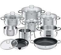 Silecomplaza, juego de ollas y sartenes Toscana, apto para inducción, 10 piezas. Incluye: olla con tapa de vidrio, ollas para inducción, cazo, vaporera, sartén. Fabricado en acero inoxidable con acaba