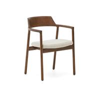 Silla Alocs con funda extraíble, chenilla beige, madera maciza de roble y nogal, certificación FSC Mix.