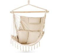 Silla Colgante 100x130x75cm - hasta 150 kg - Sillón Exterior con Cojín - puf para Columpio Colgante para Jardín y Habitación - Boho - Silla Brasileña con Flecos (Beige)