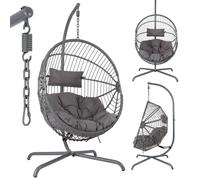 Arebos Silla Colgante de Jardín con Soporte, Sillón Huevo Exterior e Interior, Altura Regulable 160-180cm, Hamaca con Estructura de Acero 130kg, Incluye Cojines Relax para Terraza o Balcón, Color Gris