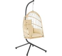 Silla colgante con estructura | Color crema | Silla colgante para interior y exterior | Incluye cojín y acolchado | Silla colgante para balcón, hamaca para jardín, sillón colgante, cesta colgante