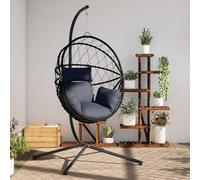 Silla colgante con estructura de diseño en forma de huevo, apta para interiores o exteriores. Incluye cojín para el asiento y cojín para el respaldo. Color: gris antracita. Material: ratán y acero