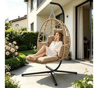 Silla Colgante con Estructura, Silla Colgante Huevo con Reposapiés, Desmontable Cojines Gruesos, Sillon Colgante para Interior & Exterior, Egg Chair Jardín, Balcón, Terraza, Hasta 150 kg - Marrón