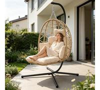 Silla Colgante con Estructura, Silla Colgante Huevo con Reposapiés, Desmontable Cojines Gruesos, Sillon Colgante para Interior & Exterior, Egg Chair Jardín, Balcón, Terraza, Hasta 150 kg - Beige