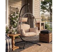 Silla Colgante con Soporte Metálico - Columpio Huevo 150 kg Cojines Incluidos - Estructura Estable para Jardín, Balcón o Patio - Hamaca Colgante Exterior Gris,Beige