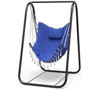 Silla colgante con soporte, silla colgante robusta y resistente a la corrosión con soporte, hamaca, mecedora, soporte, para interiores y exteriores, terraza, patio, jardín, porche (azul)