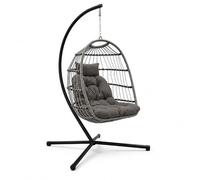 Silla Colgante Huevo con Soporte - Sillón de Ratán PE con Cojín de Esponja de Alta Densidad, Estructura de Acero con Base Antideslizante y Muelles Resistentes para Terraza, Jardín, Balcón e Interior