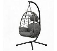 Silla colgante plegable con estructura – Fabricada con ratán de polietileno resistente a la intemperie, incluye funda antipolvo y cojín, diseño ergonómico y fácil de montar – Ideal para jardín, balcón