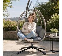 Silla colgante plegable en forma de huevo con estructura – Silla oscilante de polirattan para interior y exterior, con estructura de acero resistente hasta 150 kg, incluye cojines lavables con reposac