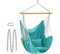 Silla colgante Unyqoos® con 2 cojines, cadena de metal y mosquetones, barra de madera de 100 x 3,8 cm, capacidad de carga de 150 kg, para interior y exterior, color turquesa
