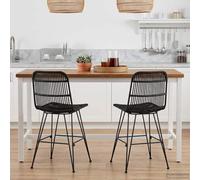 Silla de comedor 2 piezas Rattan y Acero Negro 41 x 55 x 85 cm | Asiento y respaldo de mimbre, marco de acero pintado, reposapiés ergonómico, patas de metal, fácil mantenimiento