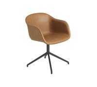 Silla de Comedor de Fibra con Reposabrazos y Base Giratoria Tapizada en Piel Coñac/ Negro