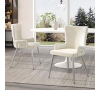 Silla de comedor de terciopelo Sweiko, juego de 2 unidades, sillón de lujo para sala de estar, dormitorio o sala de estar, con cuatro patas metálicas plateadas, color beige