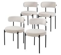 Silla de comedor - Juego de 4 - Tela de peluche - Blanco - Patas metálicas negras - Silla de salón