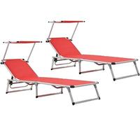 Silla de jardín plegable con toldo, 2 unidades, de aluminio y textileno, color rojo. Ideal para jardín, playa, piscina, balcón, terraza, camping y uso en exteriores. Dimensiones: 186 x 58 x 75-105 cm