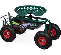 Silla de jardín portátil de Relaxdays, con altura ajustable, capacidad de 150 kg, espacio de almacenamiento, asiento giratorio ideal para trabajos de jardinería, fabricada en acero, con neumáticos de 