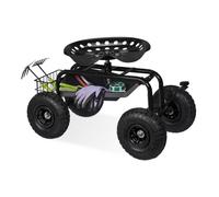 Silla de jardín portátil de Relaxdays, con altura ajustable, capacidad de 150 kg, espacio de almacenamiento, asiento con ruedas para trabajos de jardinería, fabricada en acero, con neumáticos de aire,