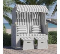 Silla de jardín tipo "strandkorb" con cojín, fabricada en polirratán y madera maciza, en color gris y blanco. Ideal para relajarse en el jardín. Modelo A638