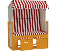 Silla de jardín tipo "strandkorb" con toldo, fabricada en polirattan. Incluye reposapiés extraíbles y respaldo ajustable en tres posiciones. Fabricada en madera maciza de abeto, disponible en color ro