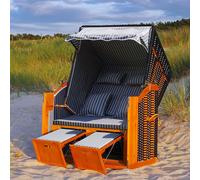 Silla de jardín tipo "strandkorb" XXL con cubierta protectora, diseño de lujo, ideal para relajarse al aire libre, estilo "Ostsee" (mar Báltico), en color gris/blanco con estampado de rayas verticales