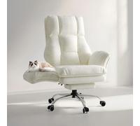 Silla de oficina para amantes de los gatos: silla de escritorio ergonómica con asiento lateral para gatos, giratoria 360°, respaldo ajustable, reposapiés y revestimiento de felpa blanca tipo "teddy"