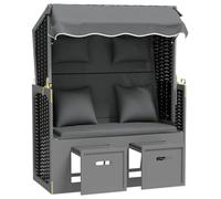 Silla de playa con Cojín Poli Rattan y Madera Antracita Negro | Marco de madera, trenza de rattan polivinílico, toldo, respaldo de 3 posiciones, reposapiés extensible, almohada