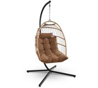 Silla Huevo Colgante Serenelife, Con Soporte, Columpio, Estructura De Ratán Y Acero, Capacidad Hasta 250 Kg, Swc55b - Color Marrón