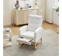 Silla mecedora MODFU con reposapiés extensible y bolsillos laterales, sillón de relax con respaldo alto, estructura de madera maciza, 66,5 x 121,5 x 102 cm, color blanco