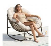 Silla mecedora para jardín LVHOM con cojín acolchado, silla de ratán con estructura de acero, silla mecedora para exteriores, sillón para balcón, color crema y blanco