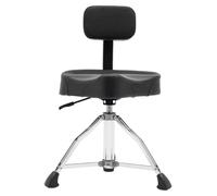 Silla para batería con forma de sillín - Negra, ajustable de 45 a 60 cm - Giratoria 360 grados - Fabricada en metal y Polyurethan(poliuretano)