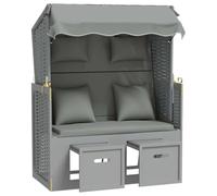 Silla Playa Strandkorb con Cojines Ratán Sintético Madera Gris | Toldo protector solar, paneles laterales viento, reposapiés extensible, respaldo 3 posiciones, cojines acolchados, ratán