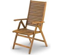 Silla reclinable ajustable Fieldmann FDZN 4101-T, fabricada en madera de acacia, con dimensiones de 74 x 58 x 105 cm, 5 posiciones de reclinación, plegable y con una capacidad de carga de 140 kg