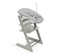 Silla Tripp Trapp Stokke (Verde glaciar) con Newborn Set (Gris) - Utilizar desde el nacimiento y hasta 9 kg - Cómodo, seguro y fácil de usar