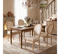 Sillas de comedor francesas, respaldo redondo de lino, juego de 4, beige | Estructura de madera maciza, respaldo ovalado, acabado envejecido retro, estilo campestre, adecuado para cocina y comedor.