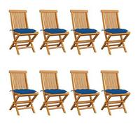 Sillas plegables con cojines azules, juego de 8 unidades, fabricadas en madera maciza de teca