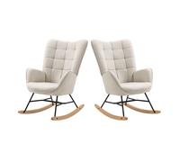 Sillas mecedoras de tela beige con respaldo alto ergonómico y base curva de madera, diseño moderno acolchado en cuadros para salón o habitación infantil, set de 2, soporte hasta 120 kg, perfectas para